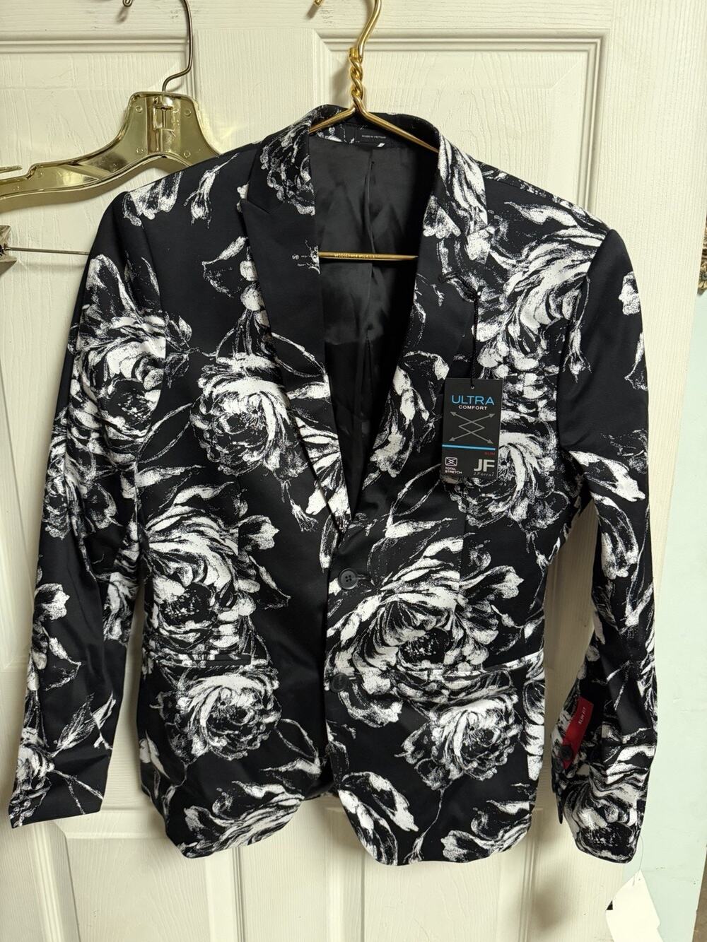JF J. Ferrar Mens 36S 36 Floral Rose B&W Slim Fit Blazer Coat Comfort Stretch